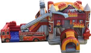 Firetruck themed bounce house with a slide features a fire engine putting out a fire. The fire engine is the slide section and the home on fire is the bounce house section. This style of unit is also known as a bounce house combo.