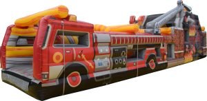 45 foot fire themed obstacle course with a slide and several amazing obstacles for riders to go through and challenge themselves. The front end is a firetruck and the backside graphics has a home on fire.