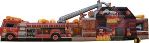 45 foot fire themed obstacle course with a slide and several amazing obstacles for riders to go through and challenge themselves. The front end is a firetruck and the backside graphics has a home on fire.