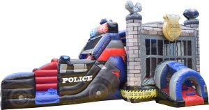 Police car themed bounce house with a slide. The bounce house section is a jail house and the slide goes into a police car. This style of unit is also known as a bounce house combo.