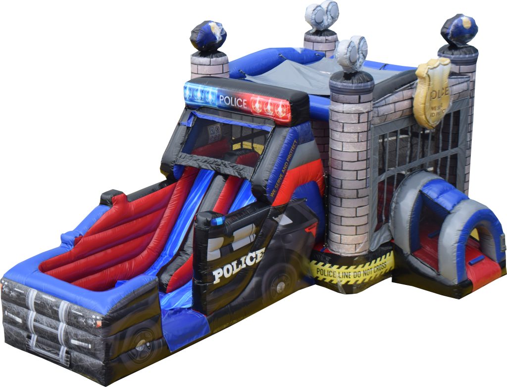 Police car themed bounce house with a slide. The bounce house section is a jail house and the slide goes into a police car. This style of unit is also known as a bounce house combo.