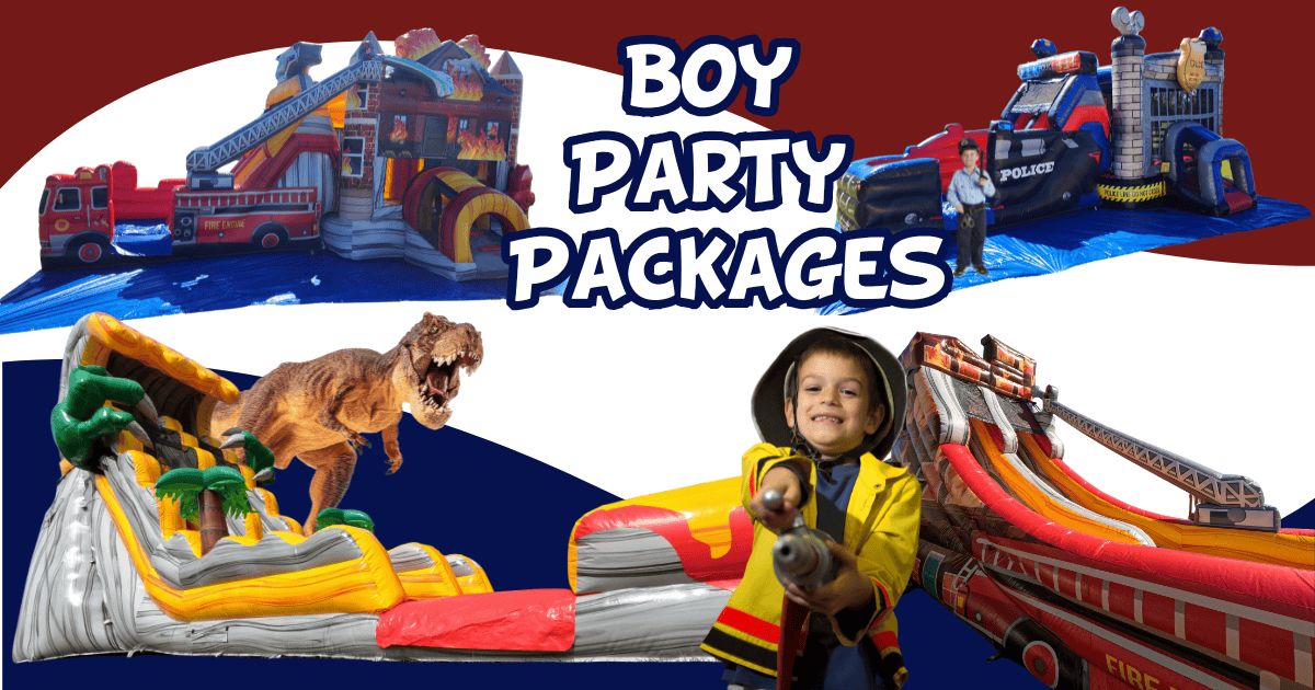 boy party packages and Ultimate boy birthday party experience, perfect for firetruck bounce houses and dino-themed water slides ultimate backyard boy party