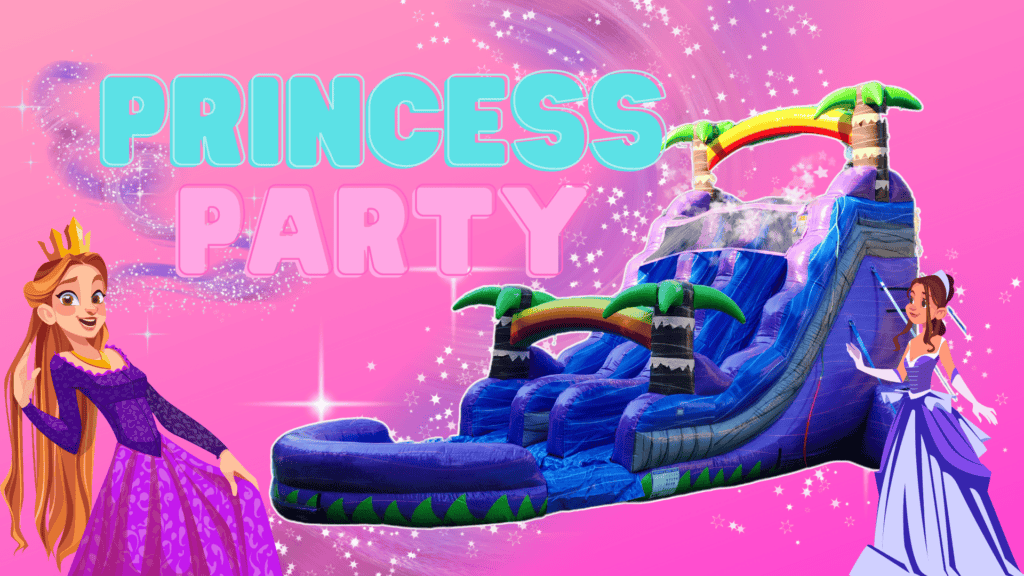 princess party packages with purple plunge water slide rental which is perfect for girl party rentals near me