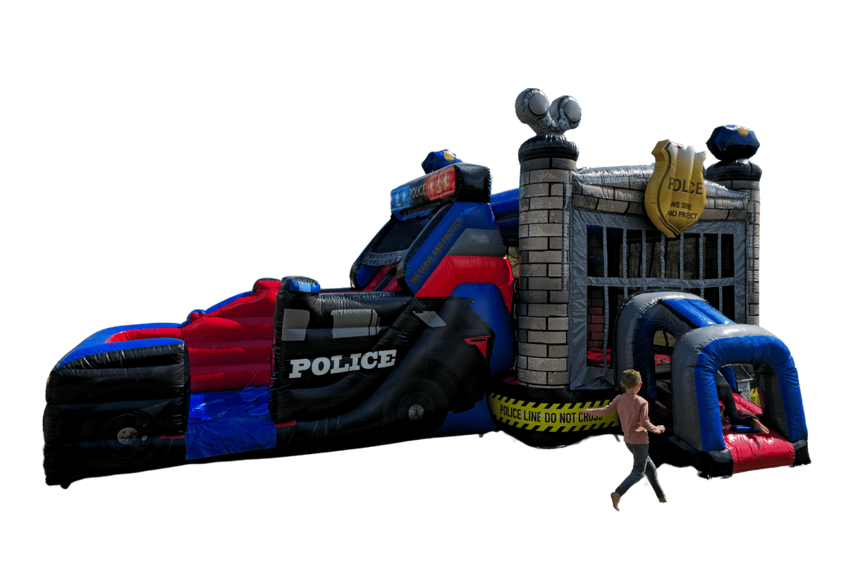 Police Cruiser inflatable bounce house rentals in Central Kentucky featuring kids playing and having fun