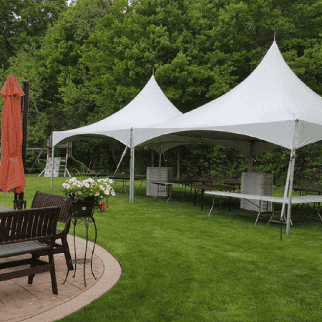 20x40 High Peak Tent rental in Lancaster KY with elegant white canopy; 20x20 tent rentals also available for weddings, backyard parties, and community events.