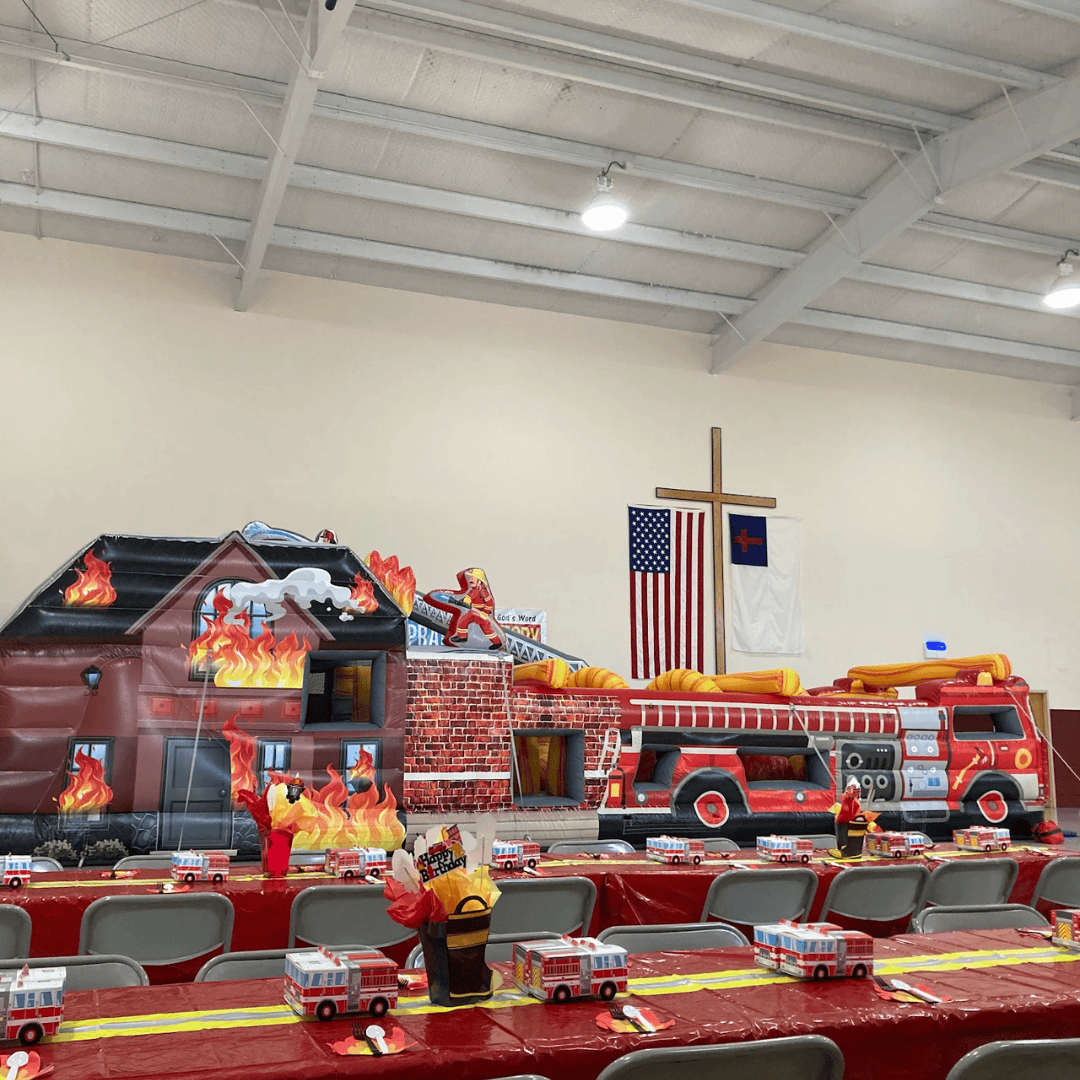 inflatable fire truck obstacle course rental in Nicholasville KY at a Church event with 45ft Fire Academy
