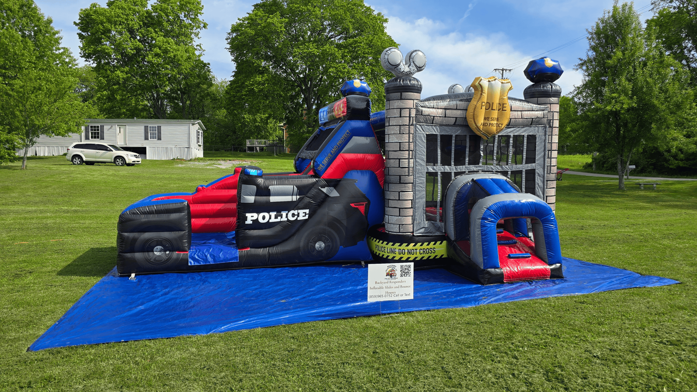 Police Cruiser bounce house front view at a Nicholasville backyard party β Backyard Responders