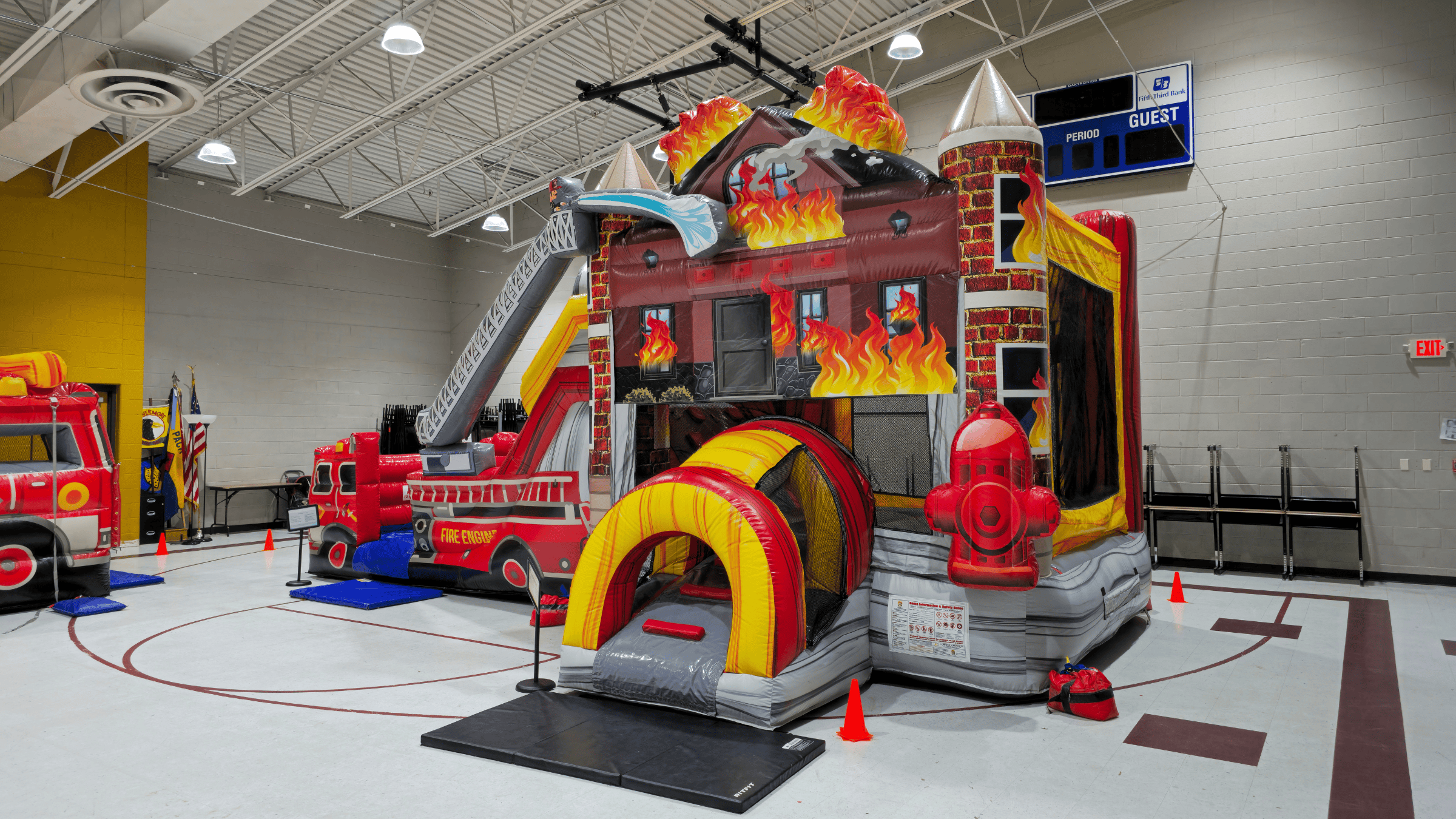 Engine 1 bounce house set up inside St. Mark School gym in Richmond KY